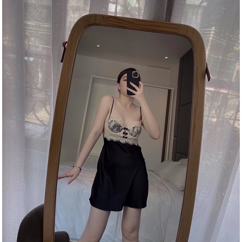 Váy ngủ lụa sexy, hai dây có gọng phối ren Q002 cao cấp QC [quyến rũ],[đầm ngủ], [xuyên thấu].