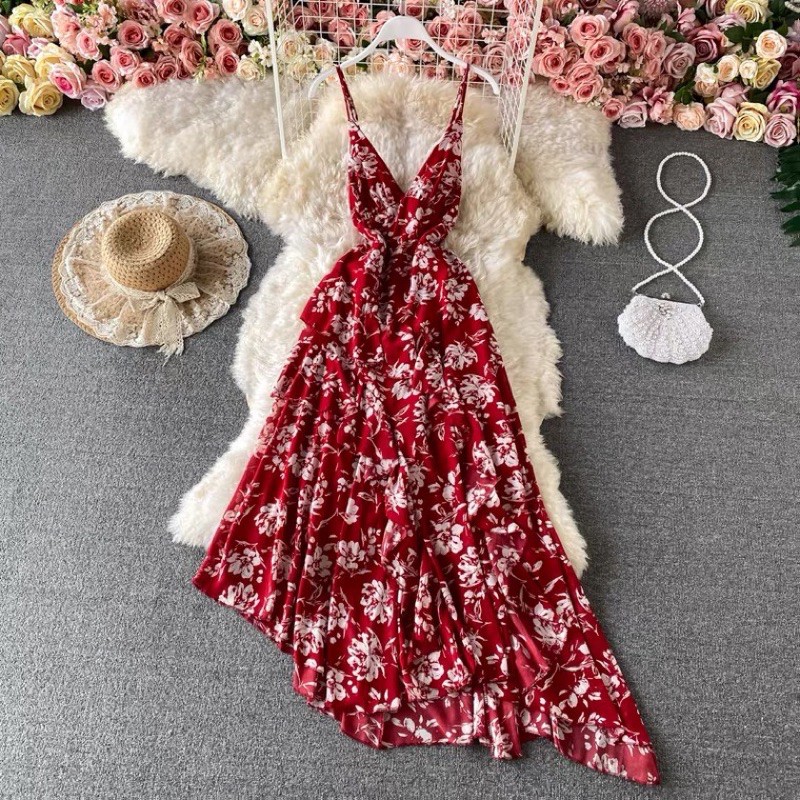 Váy boho đi biển 2 dây hoa vạt chéo bèo
