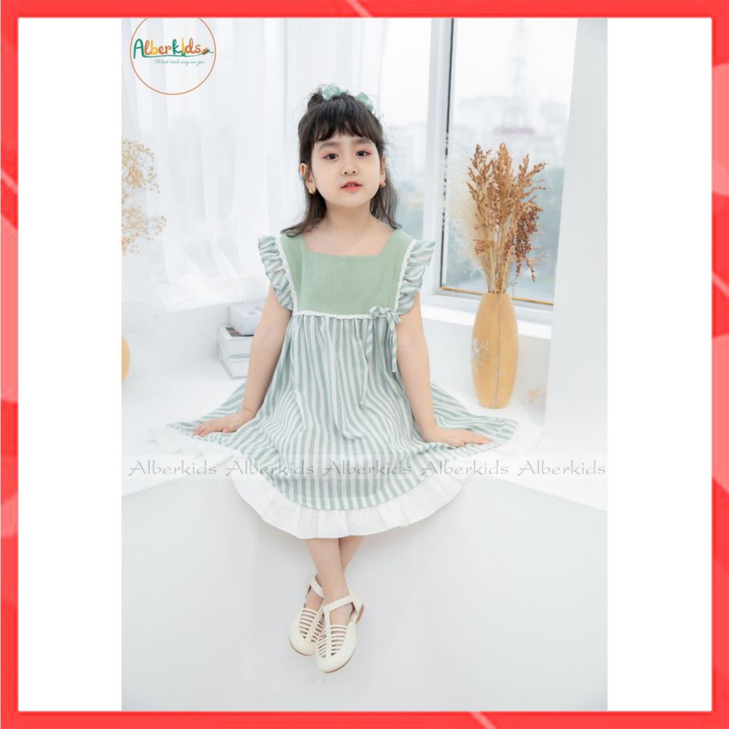 Váy Đầm Cho Bé Gái Kẻ Sọc Trắng Xanh Green Dress Cho Bé Từ 2-10T Alber Kids