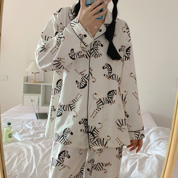 Bộ ngủ pijama dài tay thu đông ngựa vằn vải cotton