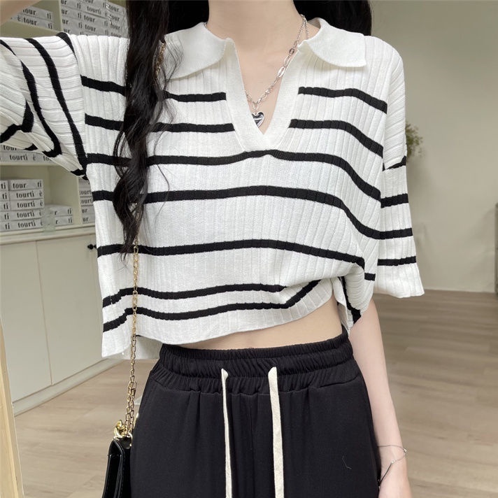 Áo polo Dệt Kim Ngắn Tay Họa Tiết Kẻ Sọc Thời Trang Cho Áo phông Nữ NZ-TX-254