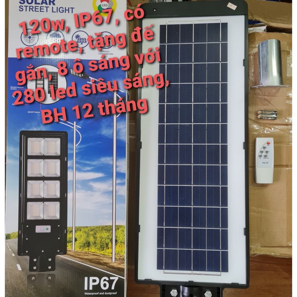 Có REMOTE + Tặng cần - Đèn năng lượng mặt trời liền thể công suất 120w  - Bảo hành 12 tháng