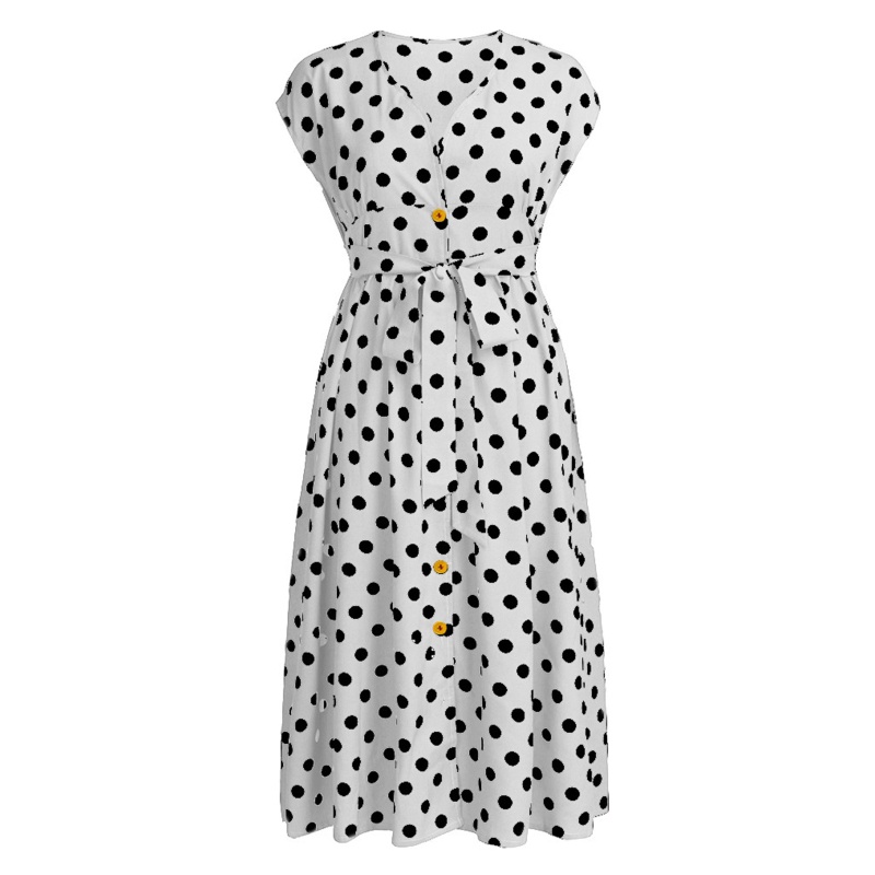 QQ Đầm Chữ A Tay Ngắn Cổ Chữ V Họa Tiết Chấm Bi Thời Trang Quyến Rũ Cho Nữ