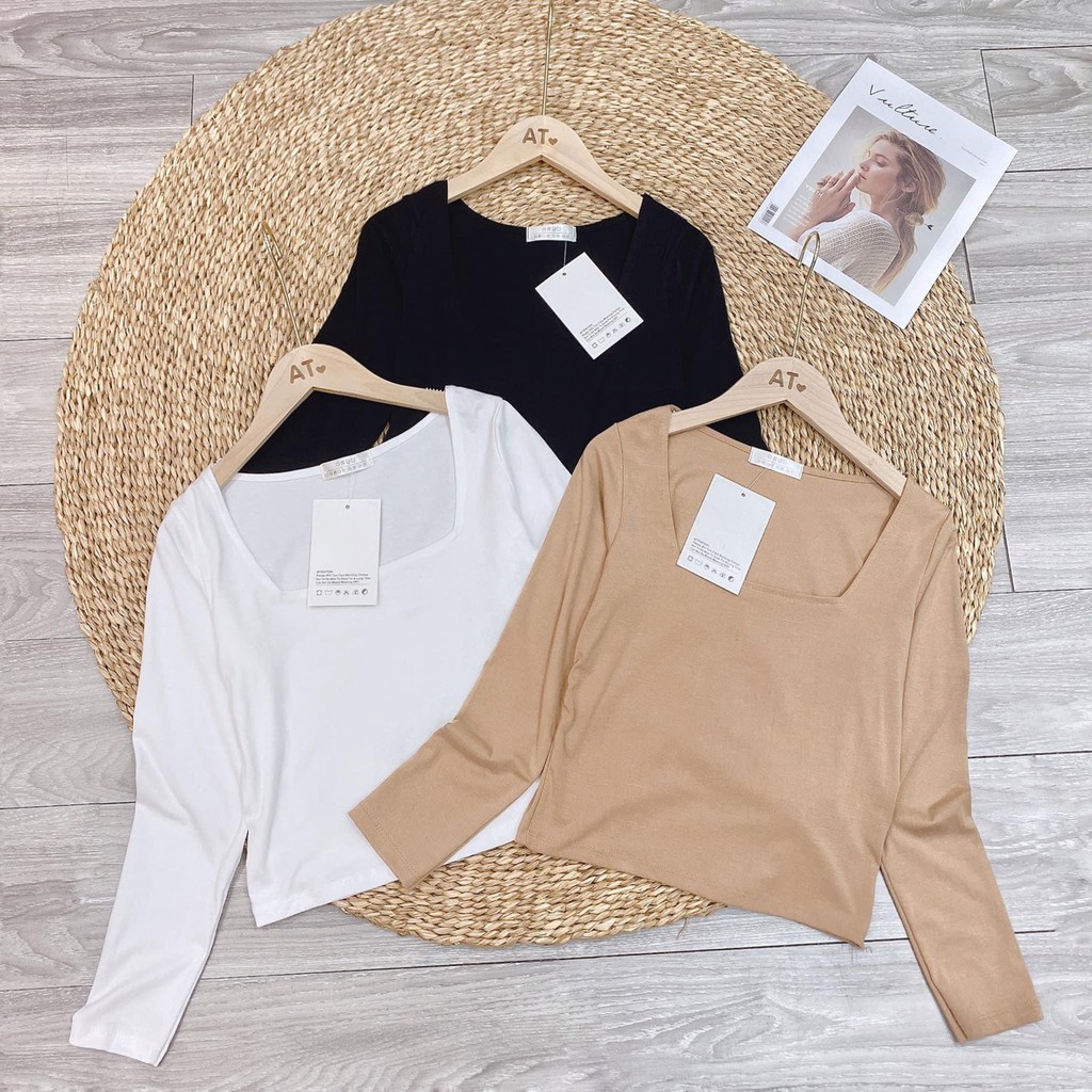 Áo Croptop Len ZIP Cổ Vuông Nữ ♥ Thun tăm dài tay, phông trơn body dáng suông ôm màu ĐEN | TRẮNG | NUDE Ulzzang HOT ♥