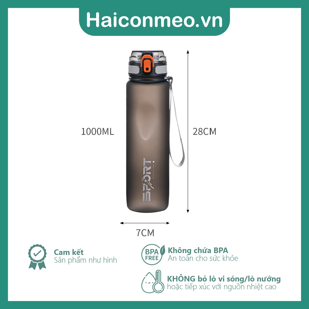 Bình nước thể thao Sport tập gym chạy bộ đánh cầu lông, 1000ml có quai