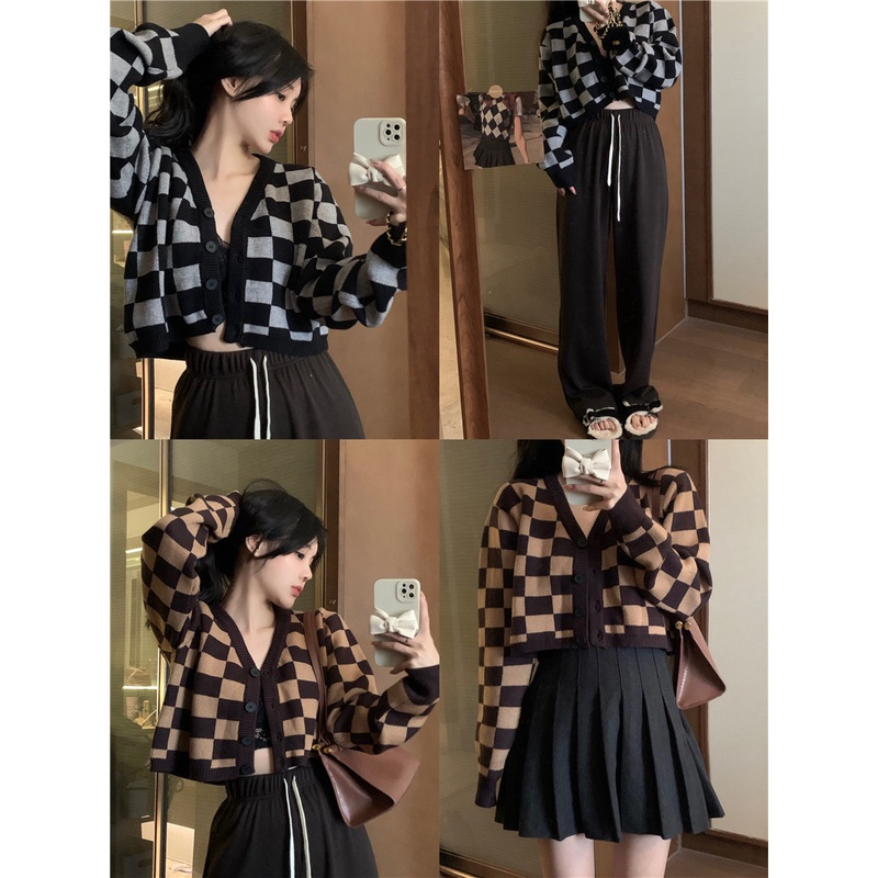 Áo khoác cardigan dệt kim tay dài dáng rộng kẻ sọc ca rô thời trang Hàn Quốc cho nữ