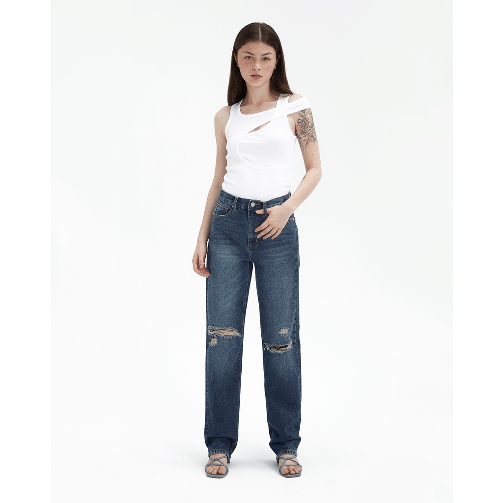 TheBlueTshirt - Quần Jeans Nữ Ống Rộng Rách Gối Màu Xanh Đậm - Saigon Distressed Jeans - Urban Wash