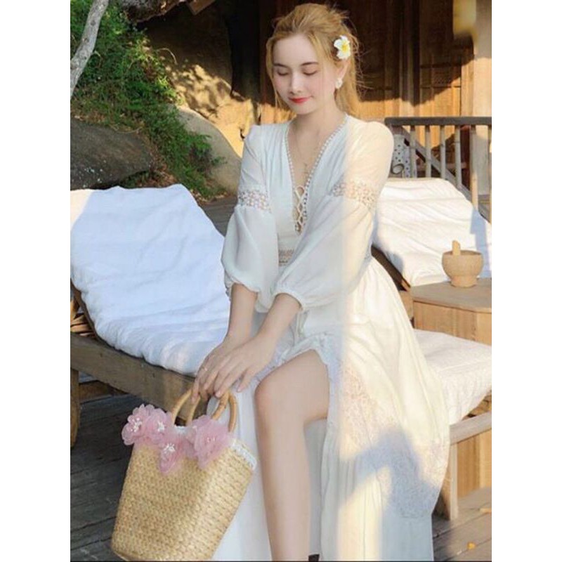 Đầm maxi trắng phối ren tay dài nhấn eo xinh xắn