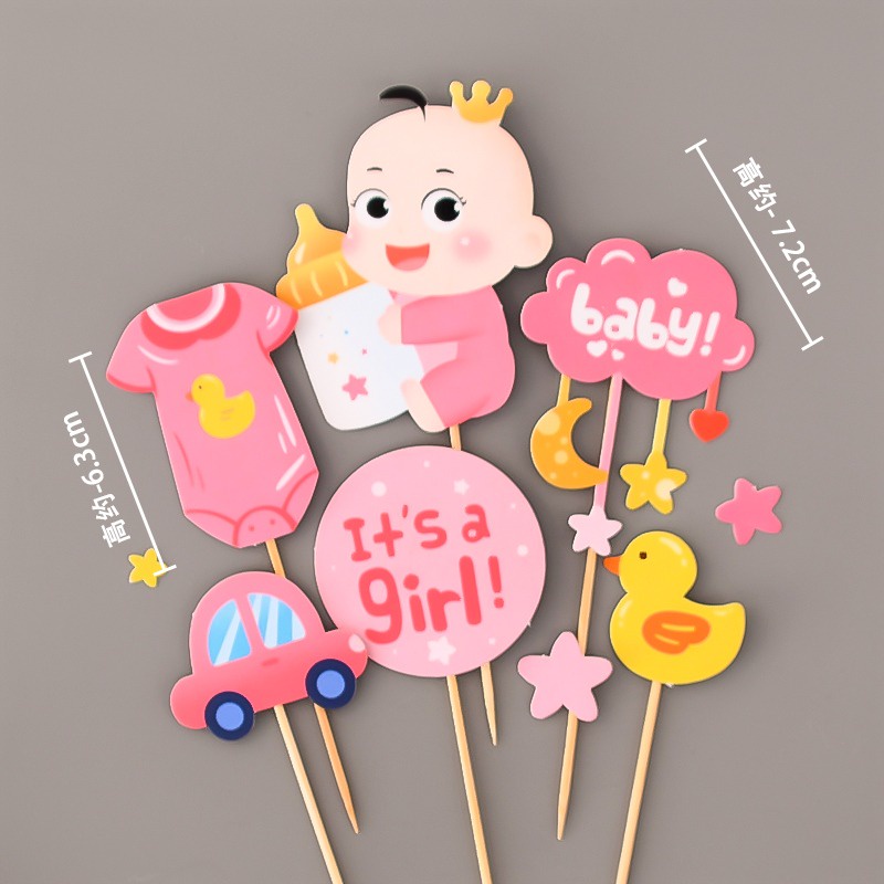 Set que cắm em bé ôm bình sữa hồng baby_Phụ kiện trang trí bánh