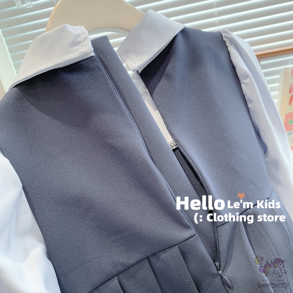 Bộ Áo Sơ Mi Đính Nơ + Chân Váy Xếp Ly Phong Cách Hàn Quốc Thời Trang Mùa Thu Cho Bé Gái