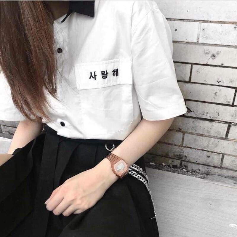 Áo sơ mi tay lỡ điệu đà phong cách HQ in chữ hànFREE SHIP