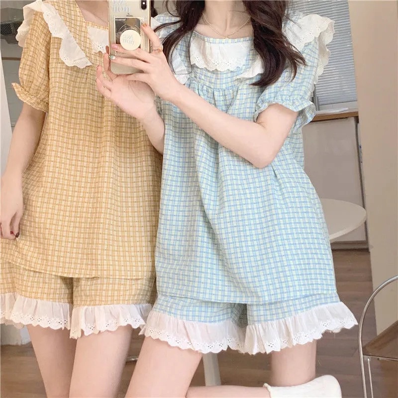Bộ Đồ Ngủ Ngắn Tay Phối Ren Họa Tiết Sọc Caro Thời Trang Mùa Hè Cho Nữ