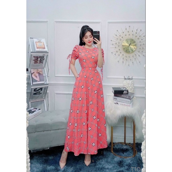 Đầm maxi lụa tay ngắn rút dây siêu dễ thương - free size dưới 54kg - MS21MT