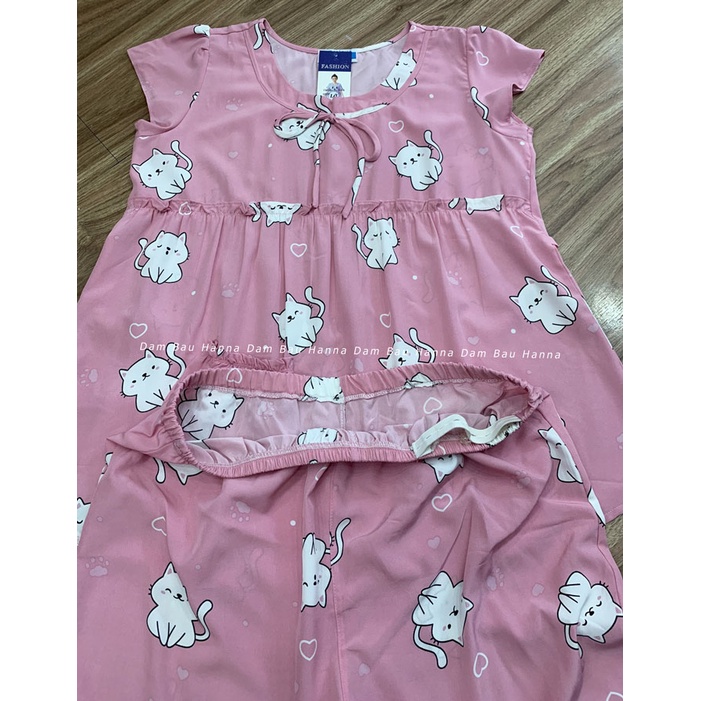 [HANNA] Đồ bộ bầu free size 40-70kg quần lửng mặc ở nhà vải lụa mango cao cấp thoáng mát không nhăn có thun điều chỉnh