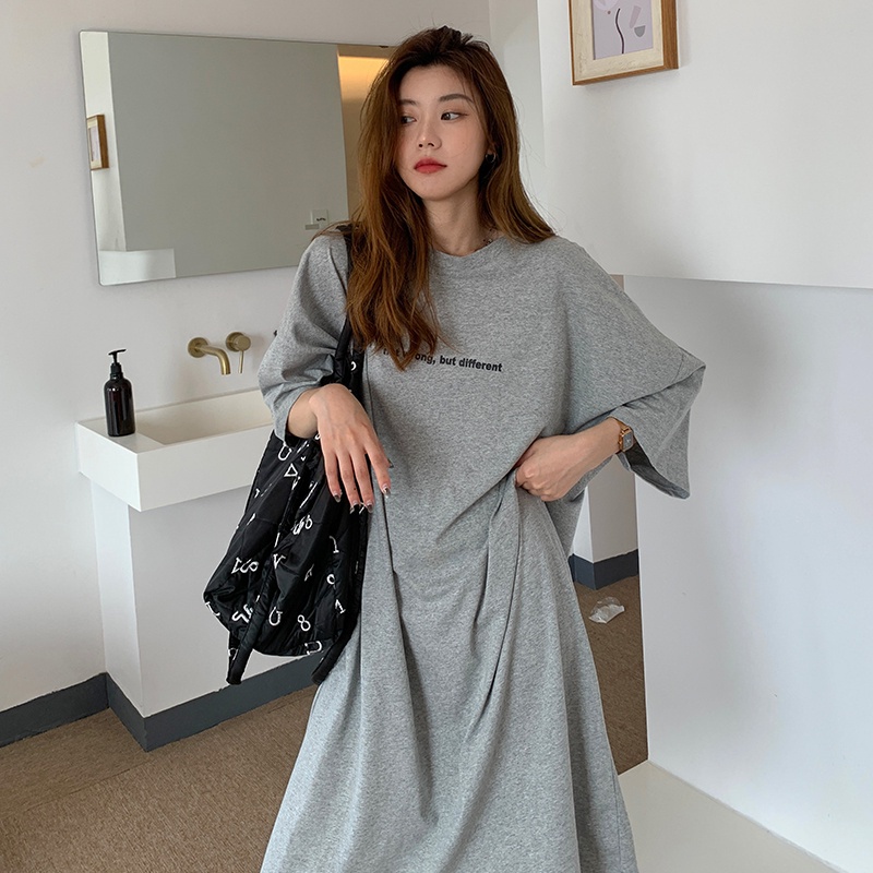 SUXI Đầm thun midi tay ngắn cổ tròn thiết kế oversized thời trang mùa hè dành cho nữ