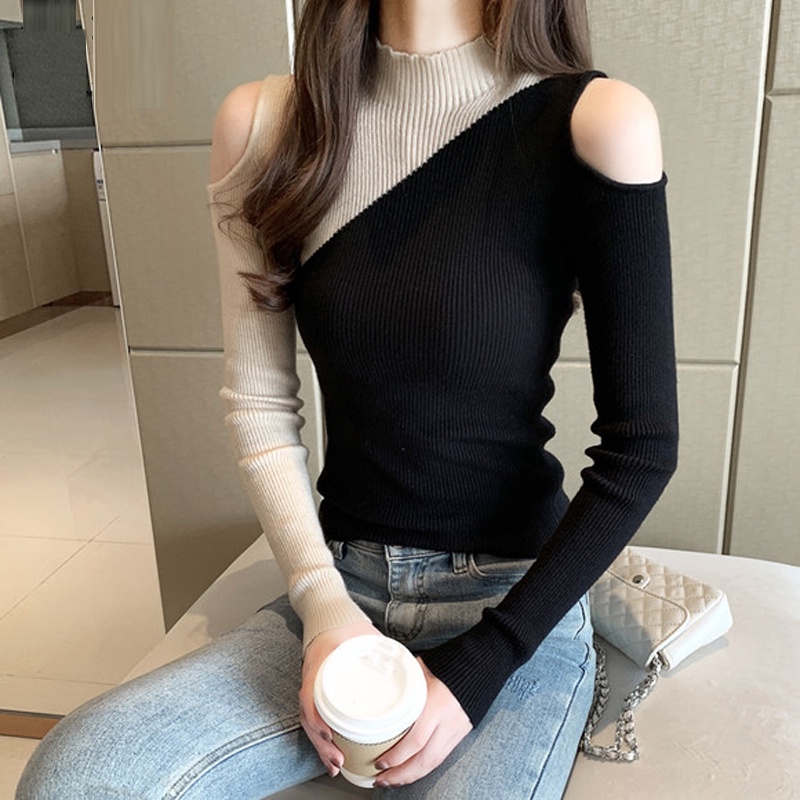 【ZHELIHANGFEI】Áo Sweater Dệt Kim Tay Dài Cổ Lọ Thiết Kế Trễ Vai Quyến Rũ