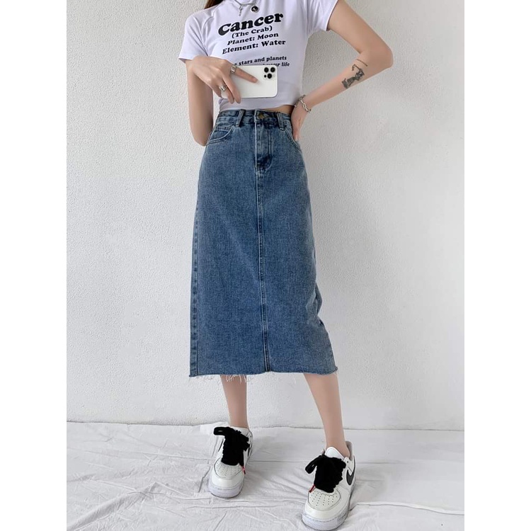 Chân váy bò lưng cao váy jean dáng dài qua đầu gối tua gấu JENNIE STORE V3