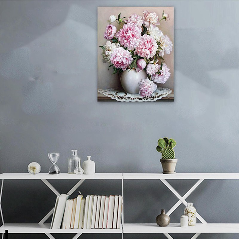 `DIY Oil Colorful Canvas Painting Paintworks Wall Art Picture Drawing with Brushes-Pink Flowers