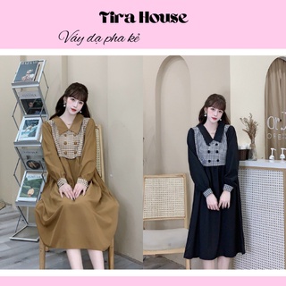 Đầm công sở dáng suông cổ sơ mi chất liệu đũi lụa hai hàng khuy trước ngực phối kẻ caro, Váy dạ pha kẻ VDP111 Tirahouse