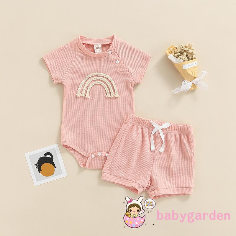 Bộ Áo Liền Quần Tay Ngắn Cổ Tròn In Họa Tiết Cầu Vồng + Quần Short Màu Sắc Ngọt Ngào Thời Trang Cho Bé 0-18 Tháng Tuổi