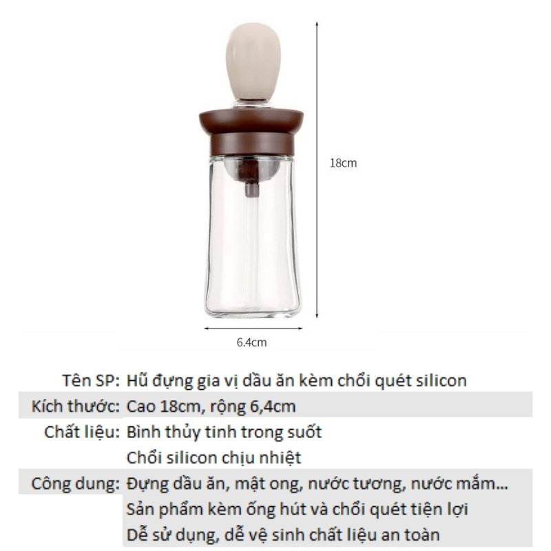 Lọ đựng dầu ăn thủy tinh 2 IN 1, kèm cọ quét silicon chịu nhiệt