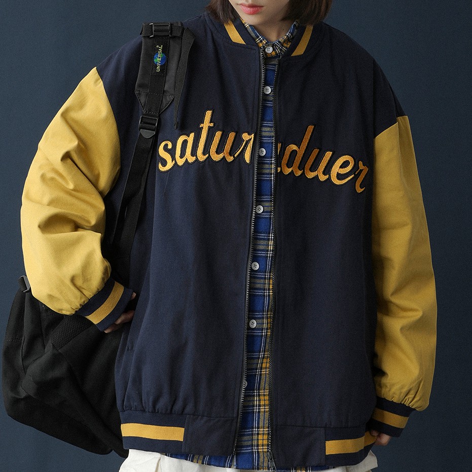Áo khoác bóng chày- bomber varsity dạ phối tay da nam nữ hoạ tiết thêu  form rộng thời trang cho