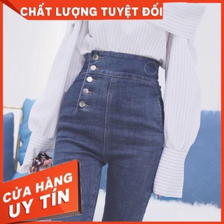 QUẦN JEANS LƯNG CAO TRƠN NÚT HÔNG- jeans siêu mềm giãn