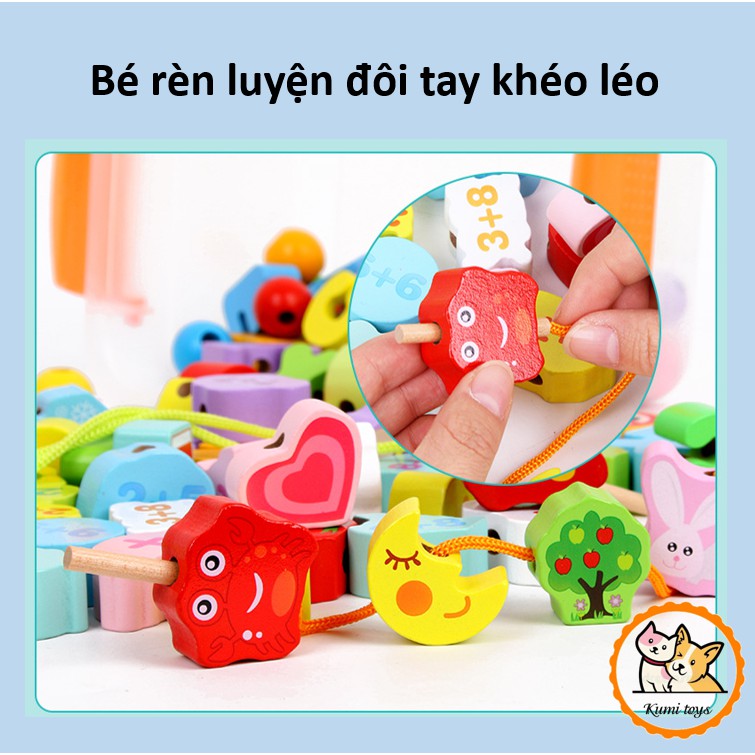 Đồ chơi xâu hạt gỗ và số loại đẹp kèm thùng nhựa Kumi toys