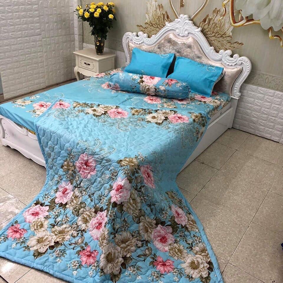 Sét Chăn hè  Ga Gối Cotton Poly Emmidecor Mẫu Hoa Trà xanh