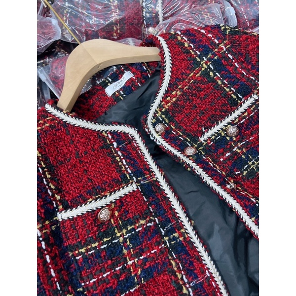 Áo Dạ Kẻ Đỏ Viền Trắng Hàng 2 Lớp Dày Dặn , Áo Dạ Tweed Có Ảnh Thật Kèm Video