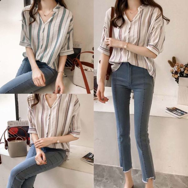 Áo sơ mi nữ công sở cổ trụ đẹp form rộng họa tiết sọc size m đến 4xl