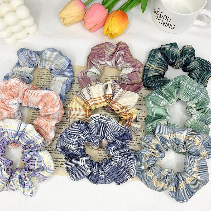 Cột tóc vải scrunchie phong cách cô gái biển xanh ngọt ngào - Dây buộc tóc họa tiết kẻ sọc caro