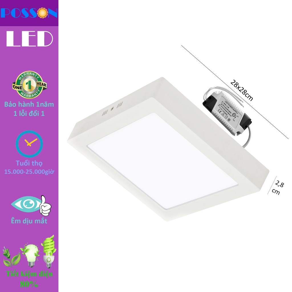 Đèn Led ốp trần 24w vuông ốp nổi sáng trắng Posson LP-So24