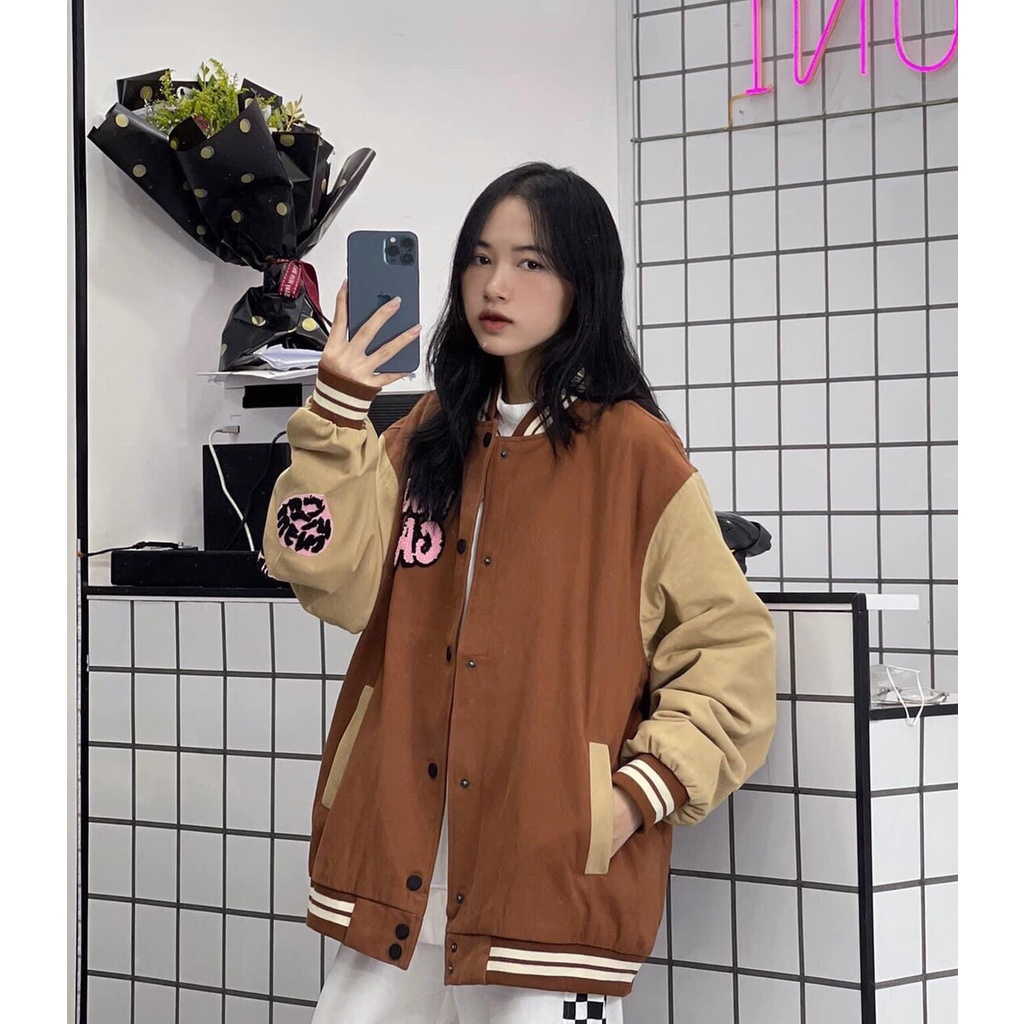 Áo Khoác Bomber Varsity Nữ MEESTORE - Jacket Nỉ Dáng Rộng Unisex Tay Bồng Màu Nâu Tây Phong Cách Hàn Quốc