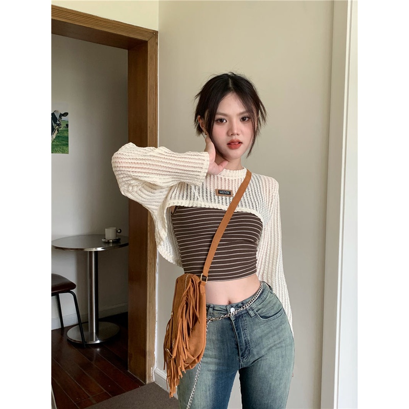 Hàng Có Sẵn Đang Bán Chạy Áo Hai Dây Dệt Kim Chống Nắng Dáng Dài Phối Ren Rỗng Hợp Thời Trang Mùa Hè Cho Nữ