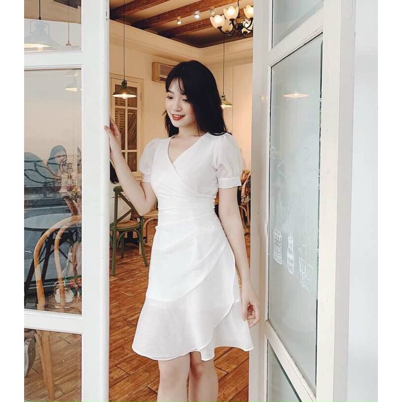 Đầm công sở cổ chéo xinh xắn tay ngắn dáng xòe nhẹ dedede
