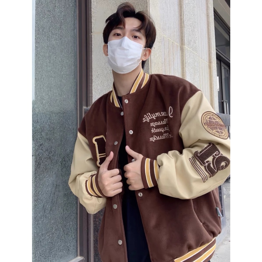 (Hàng sẵn)Áo bomber Unisex Vải dạ tay phối tay da pu họa tiết thêu xù 2 màu hót DT112