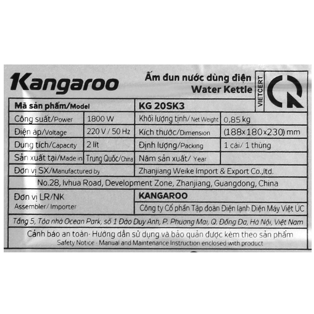 [Mã ELHADEV giảm 4% đơn 300K] Bình đun siêu tốc inox Kangaroo G-20SK3 2 lít - Chính hãng BH 12 tháng