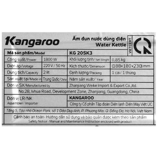 Bình đun siêu tốc Kangaroo KG20SK3, dung tích 2L