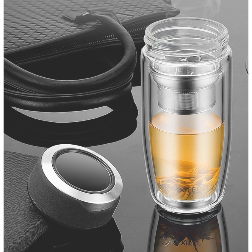 Bình pha trà, ly pha trà, cà phê thủy tinh có lỗi lọc inox 304 cao cấp 350ml Kaxifei