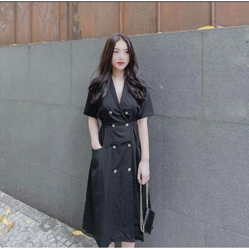 ĐẦM CỔ VEST ĐẮP CHÉO PHỐI HÀNG NÚT (Kèm ảnh thật)