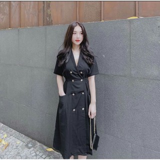 Đầm cổ vest đắp chéo phối hàng nút