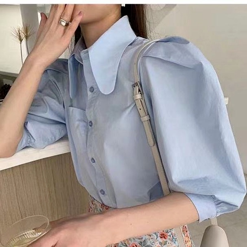 Áo Sơ Mi Ngắn Tay Cổ Búp Bê Phong Cách Cổ Điển Hàn Quốc Cho Nữ