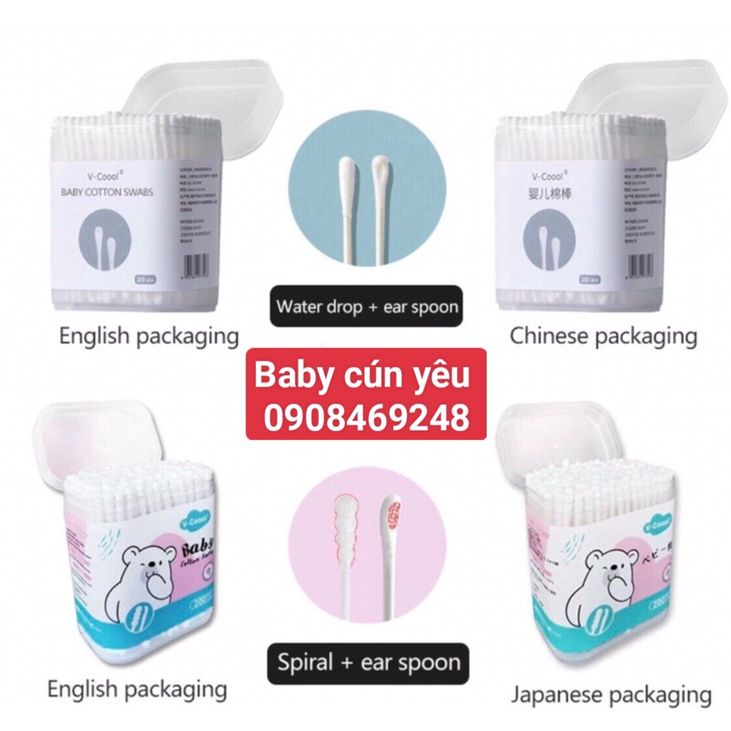 Tăm bông trẻ em Vcool kháng khuẩn  cho bé sơ sinh ngoáy tai, mũi