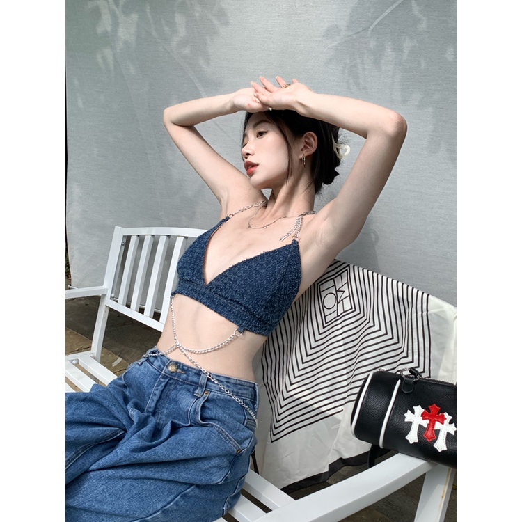 QKOOLE Áo tank top Cổ Chữ V Phối Dây Xích Phong Cách Thời Trang Hàn Quốc Dành Cho Nữ