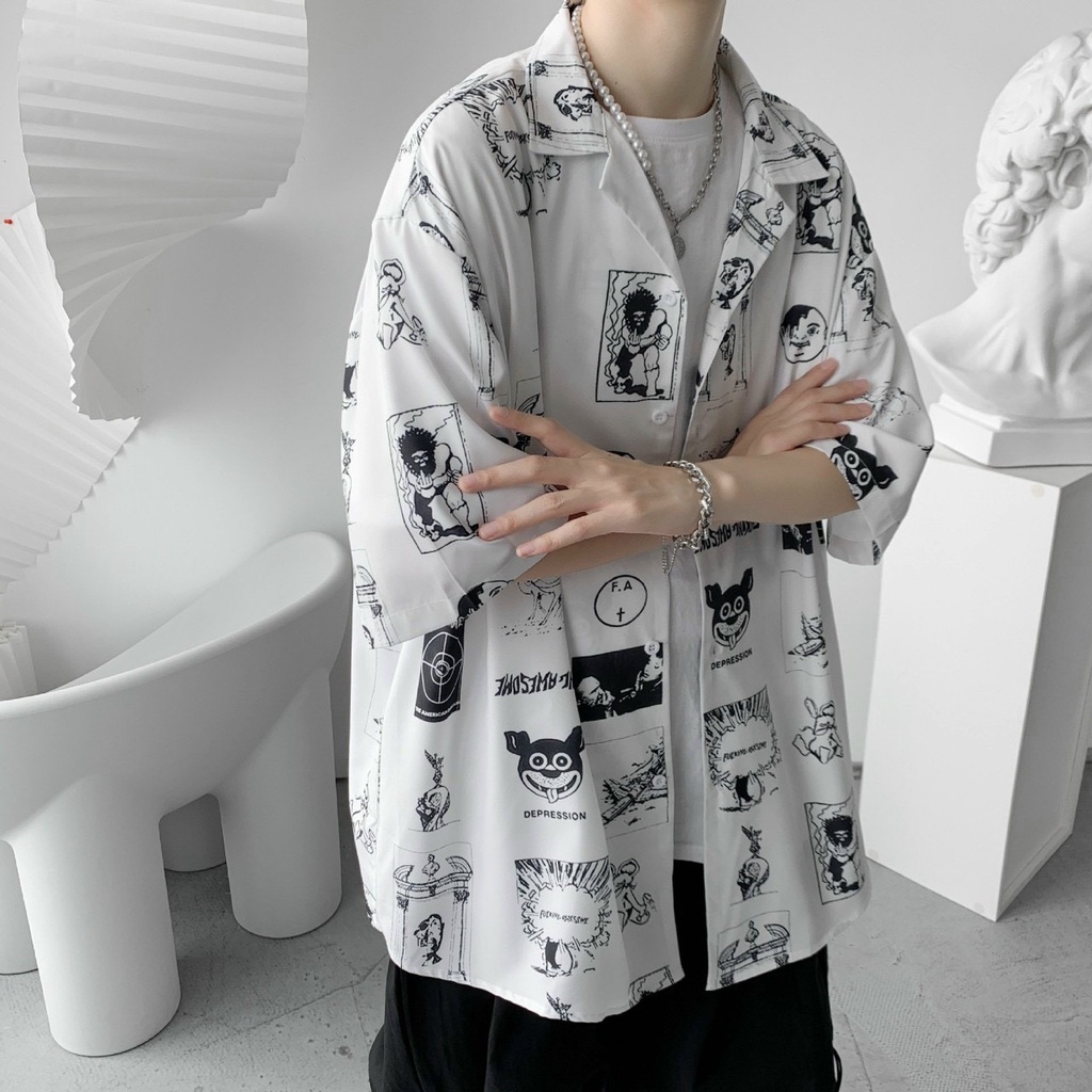Áo sơ mi nam nữ đều mặc được kiểu tay lỡ form rộng Unisex in hình Husky truyện tranh Comic cực hot