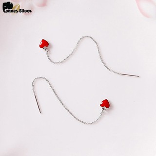 Bông tai nữ tim đỏ dây dài chất liệu bạc ta cao cấp - thương hiệu ganes silver