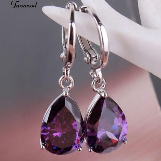 Bông Tai Đính Đá Tím Hình Giọt Nước Thời Trang