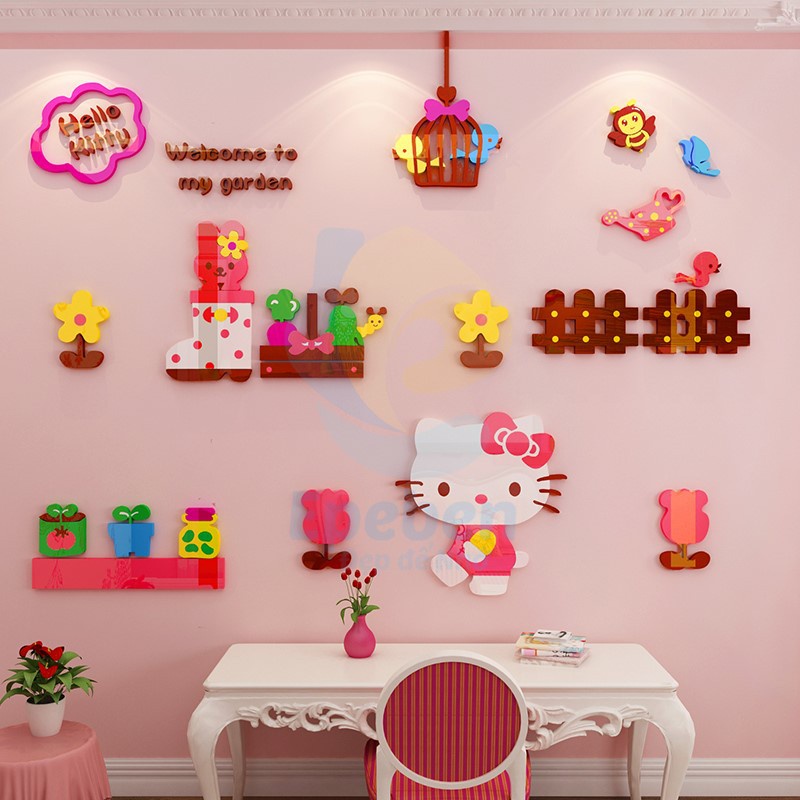 Tranh dán tường mica 3d decor khổ lớn không gian nhỏ của hello kitty trang trí mầm non, phòng cho bé Nhiều Size - EPeBen