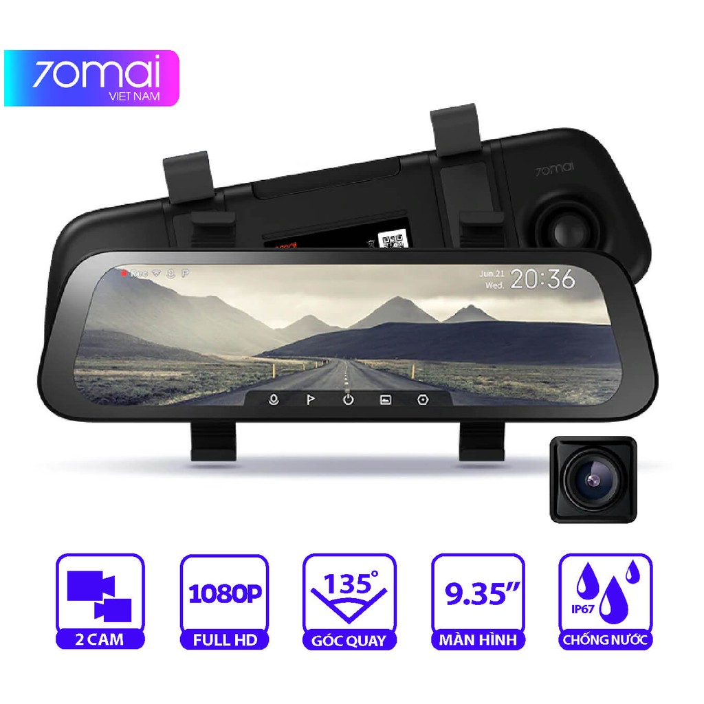 Camera hành trình gương chiếu hậu 70mai Rearview Dash Cam Wide màn hình 9.35inchs, ghi hình trước sau FHD 1080p
